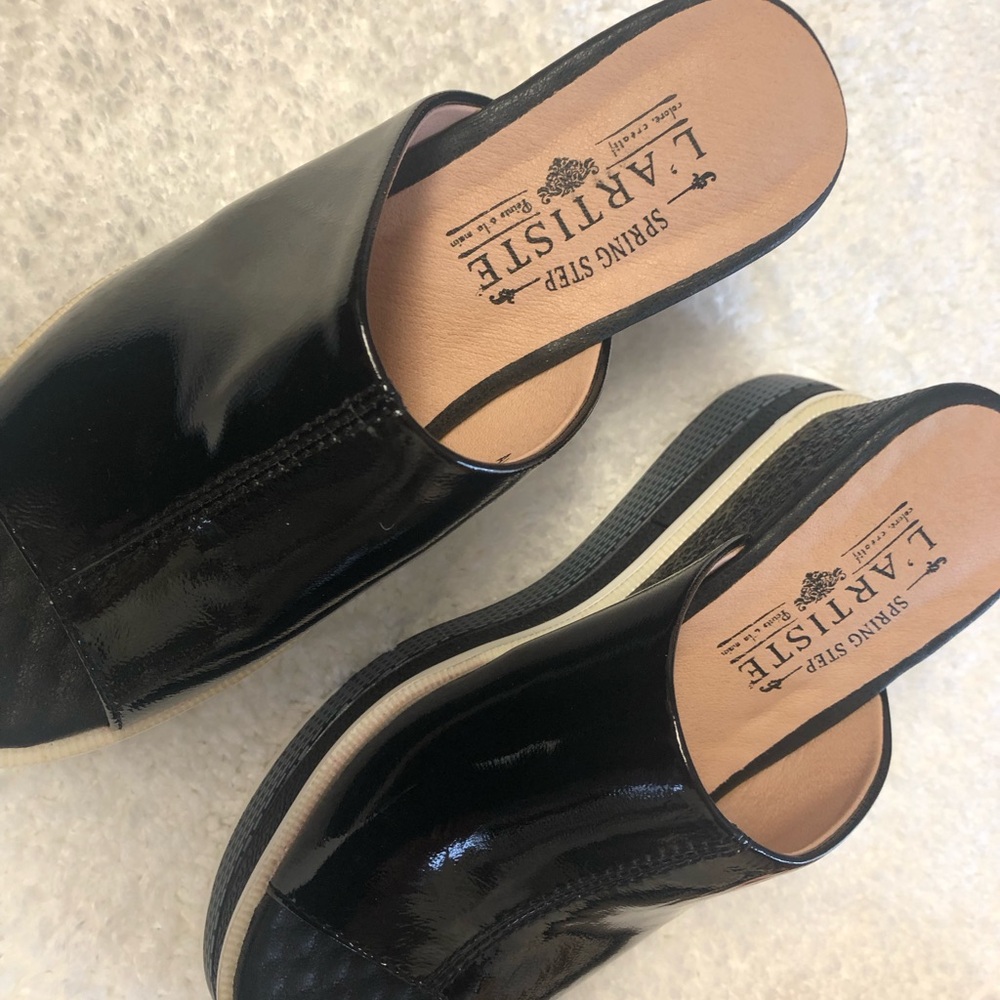 L'ATISTE Black Mules with Glossy Finish and Pointed Toe